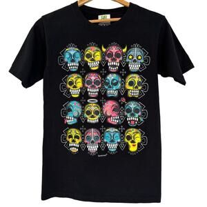 Karani Art Black Graphic T-Shirt Multi Skulls Colorful Women’s S